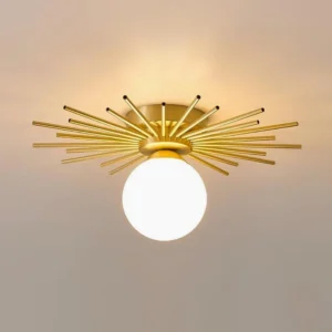 Sputnik style Margaret ceiling lamp mounted on warm grey ceiling, overhead view showing frosted glass shade and brass finish