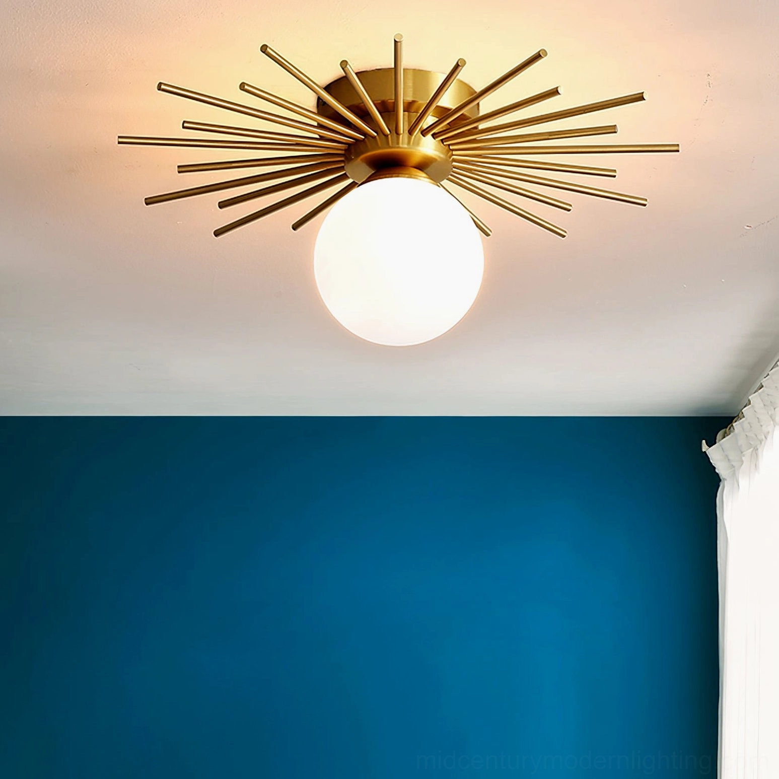 Margaret starburst ceiling light full product view, mid-century modern brass and frosted glass fixture