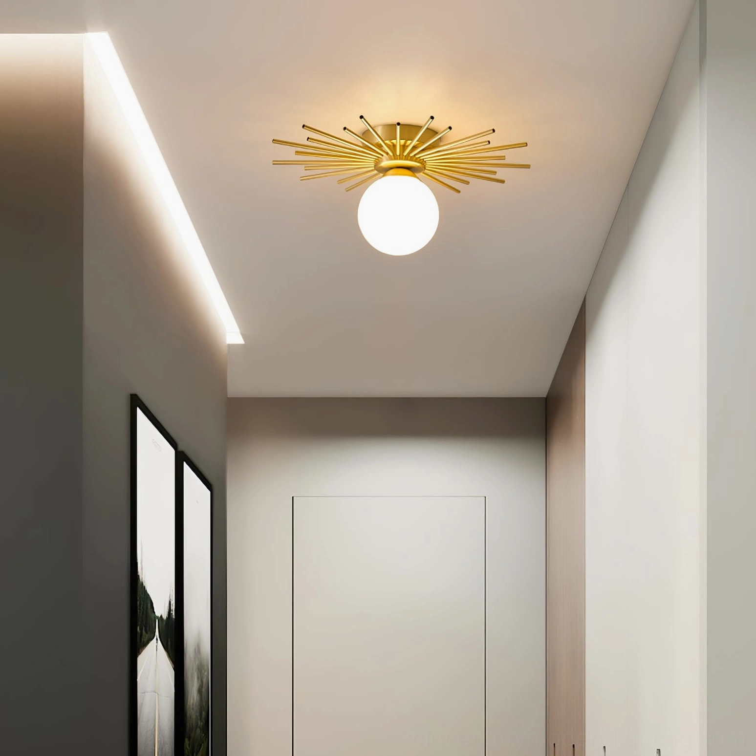 Margaret mid-century ceiling fixture in residential hallway with wall art, minimalist interior design