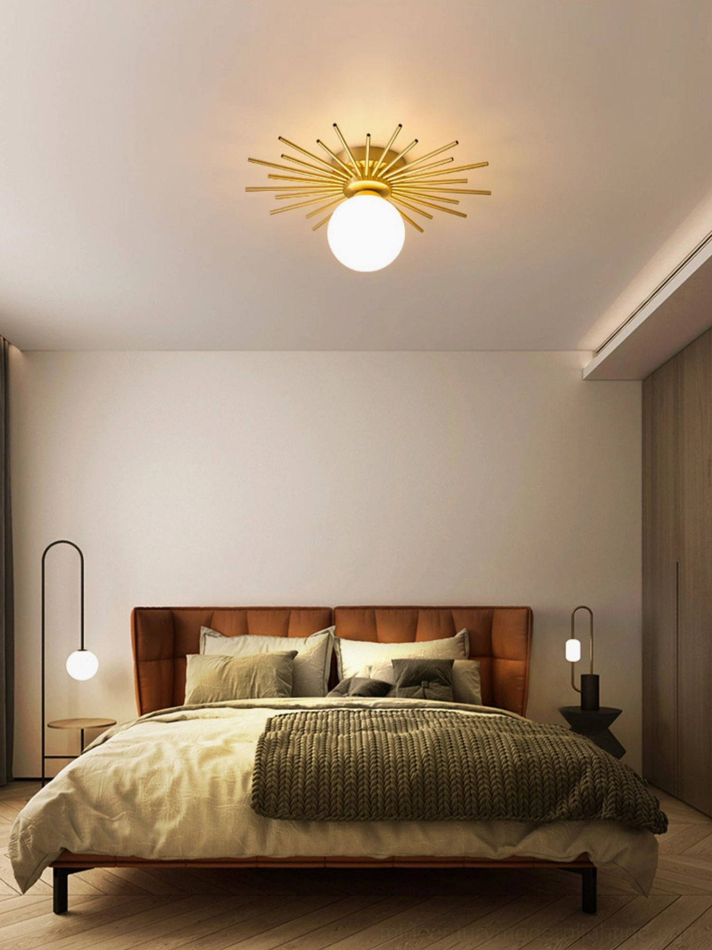 Margaret sputnik ceiling lamp product showcase, mid-century modern brass and frosted glass radial design
