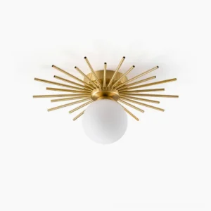 Margaret starburst ceiling light with brushed brass radial rods and frosted glass globe, mid-century modern flush mount fixture frontal view