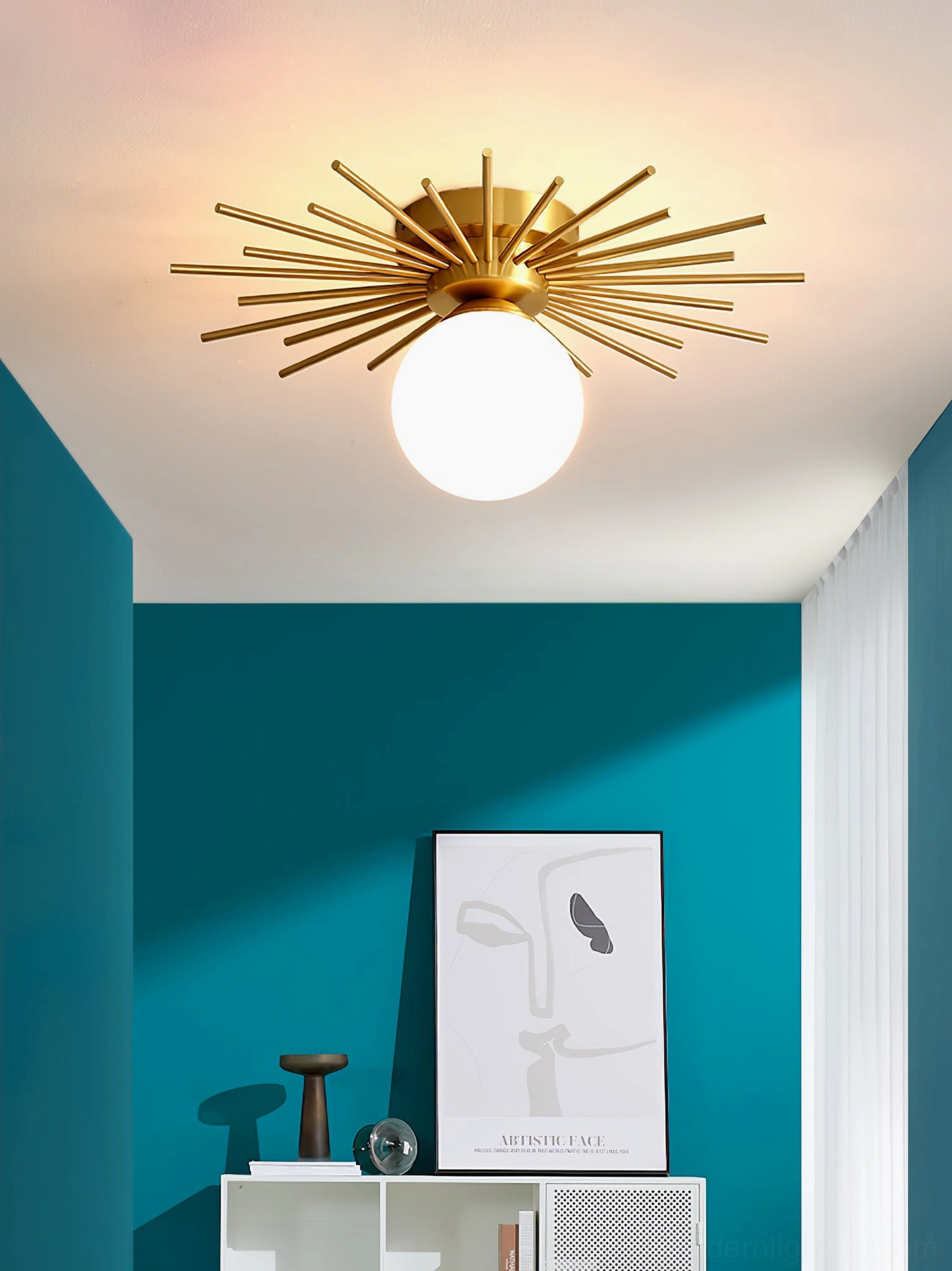 Margaret starburst light fixture white finish, modern ceiling lamp architectural sculptural design