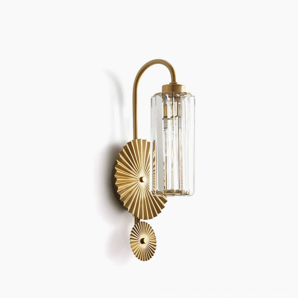 Maria brass wall sconce with dual sunburst design and ribbed crystal glass shade, front view studio shot