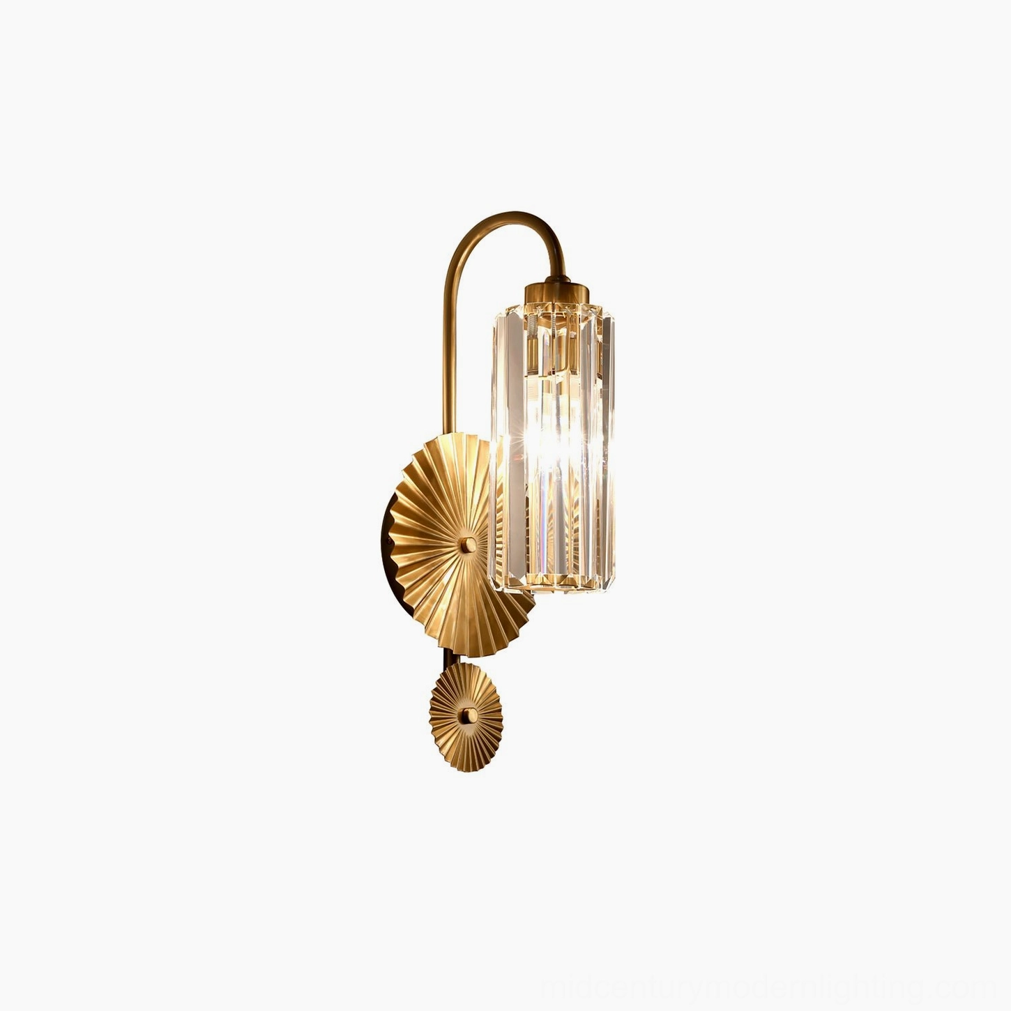 Maria gold brass crystal wall sconce full product showcase with dual sunburst accents isolated on white background