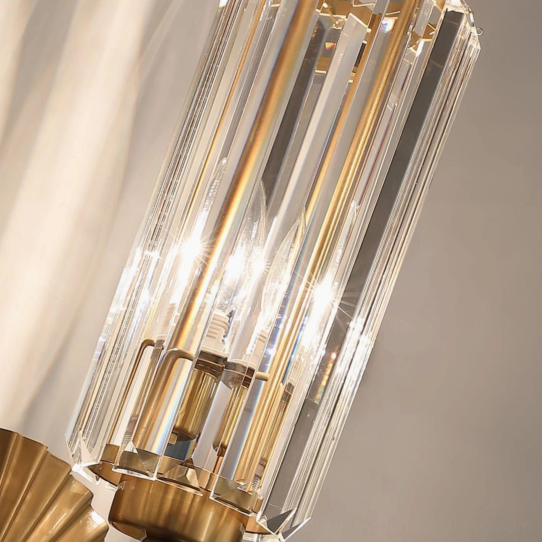 Maria ribbed crystal glass lamp shade close-up with exposed Edison-style bulb creating warm ambient light