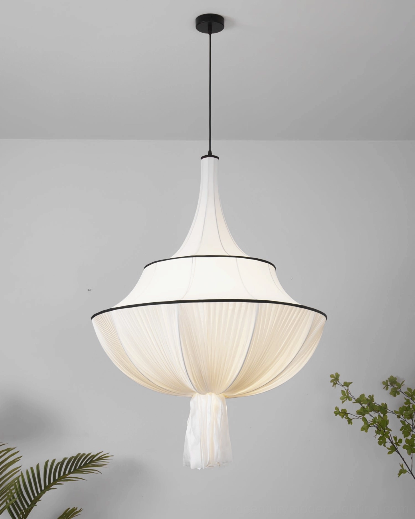 Marianna pleated ceiling light fixture mounted on minimalist grey wall interior, modern pendant overhead view