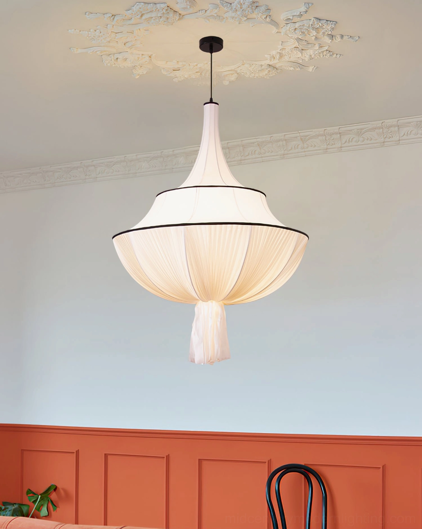 Marianna fabric pendant light with tassel detail in retro room with ornate ceiling medallion and warm vintage style