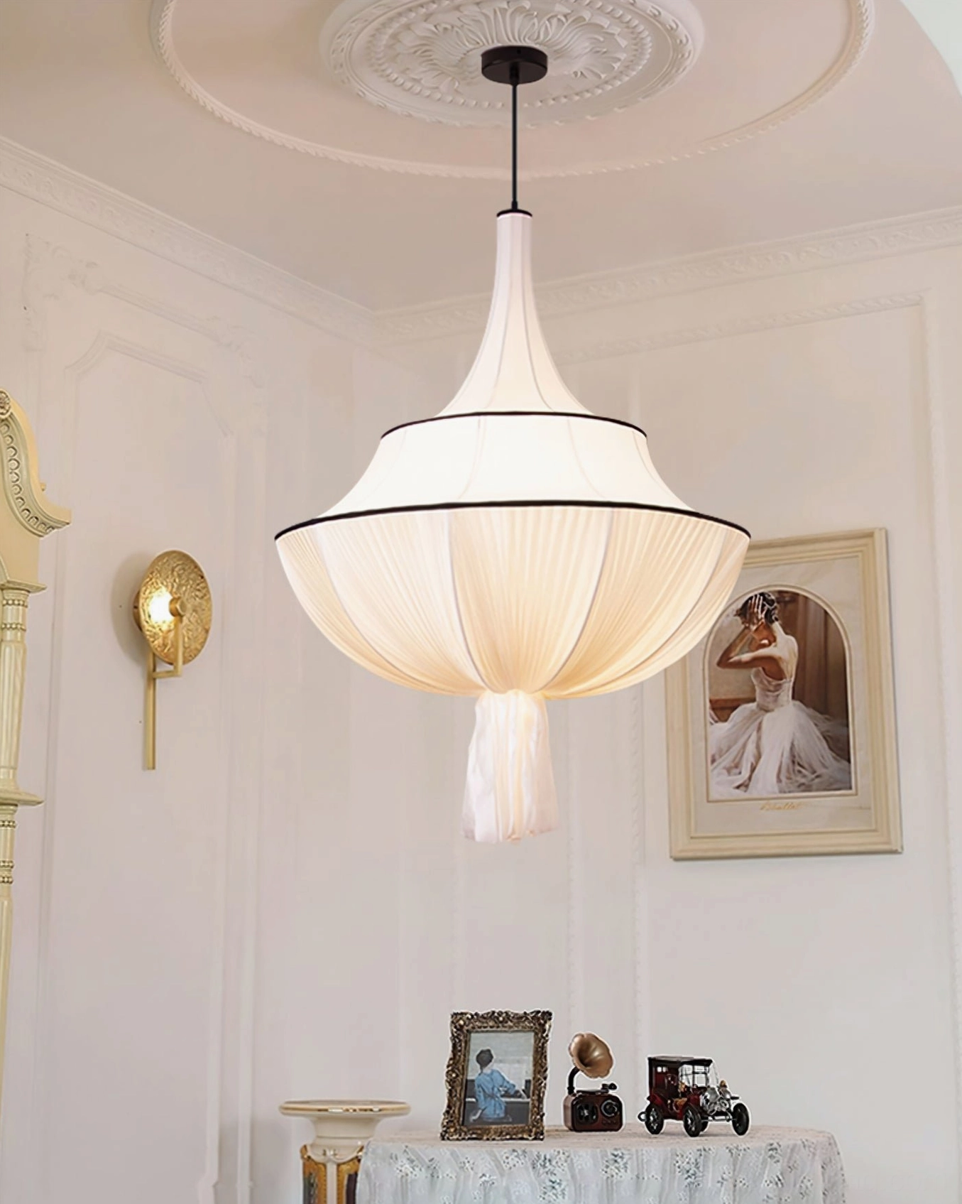Marianna classic fabric pendant lamp in French romantic vintage entryway with antique décor and matching wall sconce