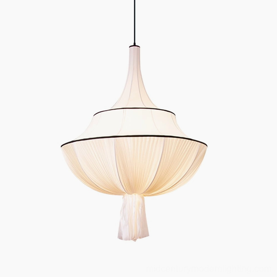 Marianna large 80cm diameter pleated fabric pendant light in spacious master bedroom with upholstered bed