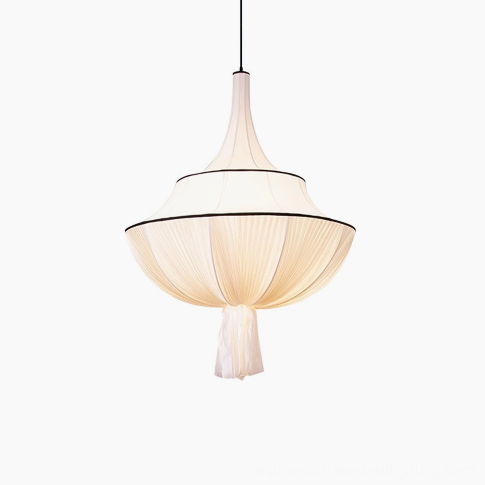 Marianna medium 60cm diameter pleated fabric pendant light above standard dining table setup