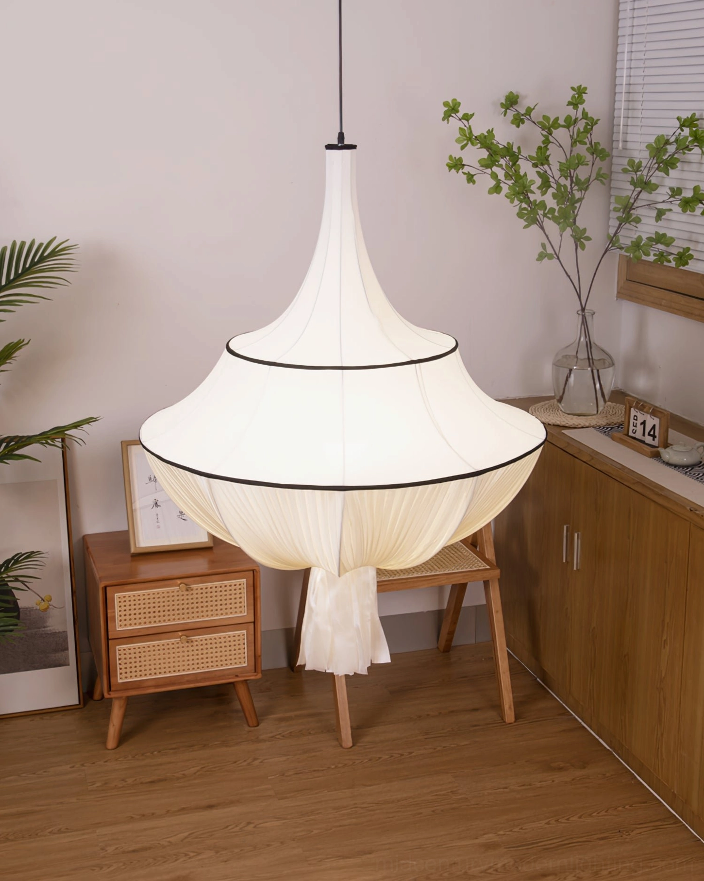 Marianna mid-century modern fabric pendant light in sophisticated neutral interior with minimalist aesthetic