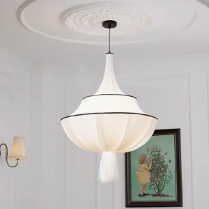 Marianna fabric pendant lamp in French classic living room interior with ornate ceiling medallion, soft romantic lighting