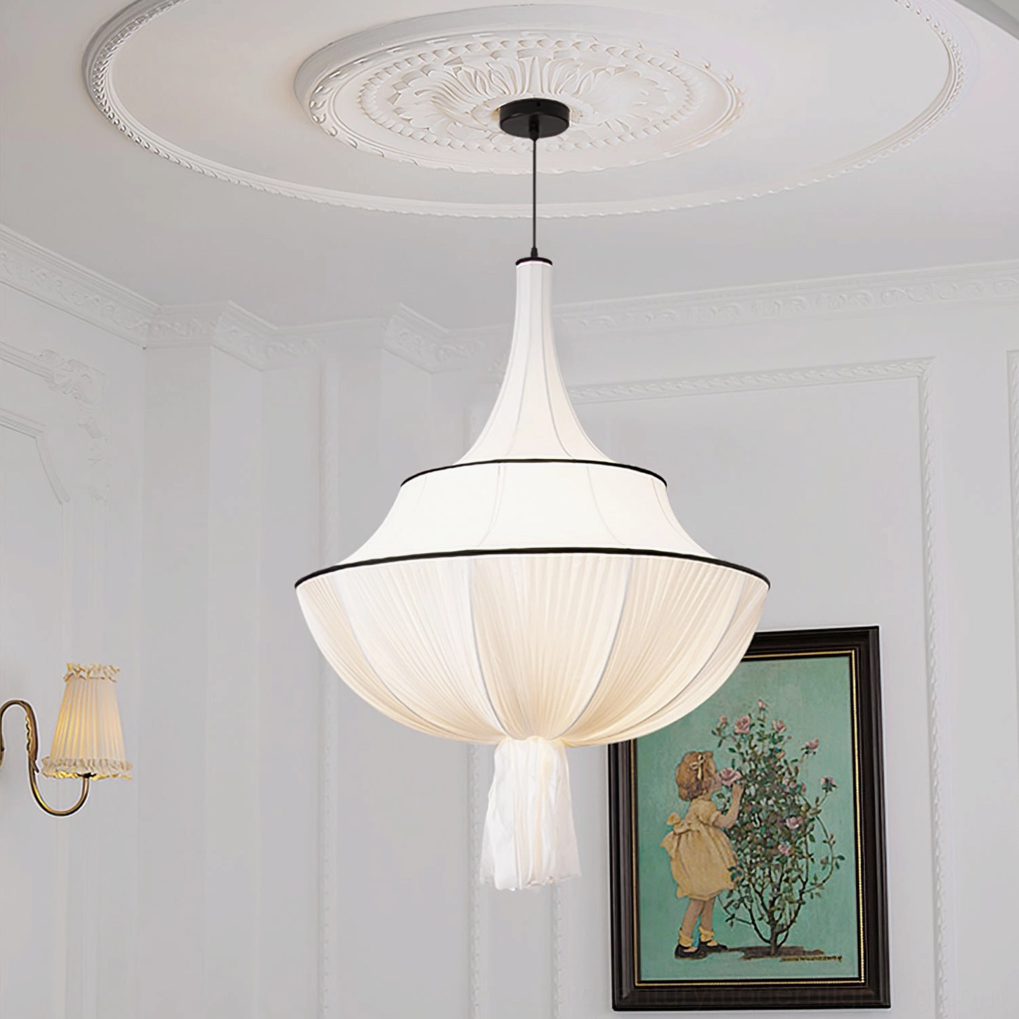 Marianna fabric pendant lamp in French classic living room interior with ornate ceiling medallion, soft romantic lighting