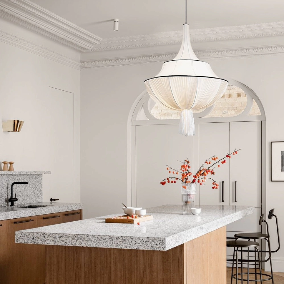 Marianna pleated fabric pendant lamp hanging detail showing suspension system and ceiling mount configuration