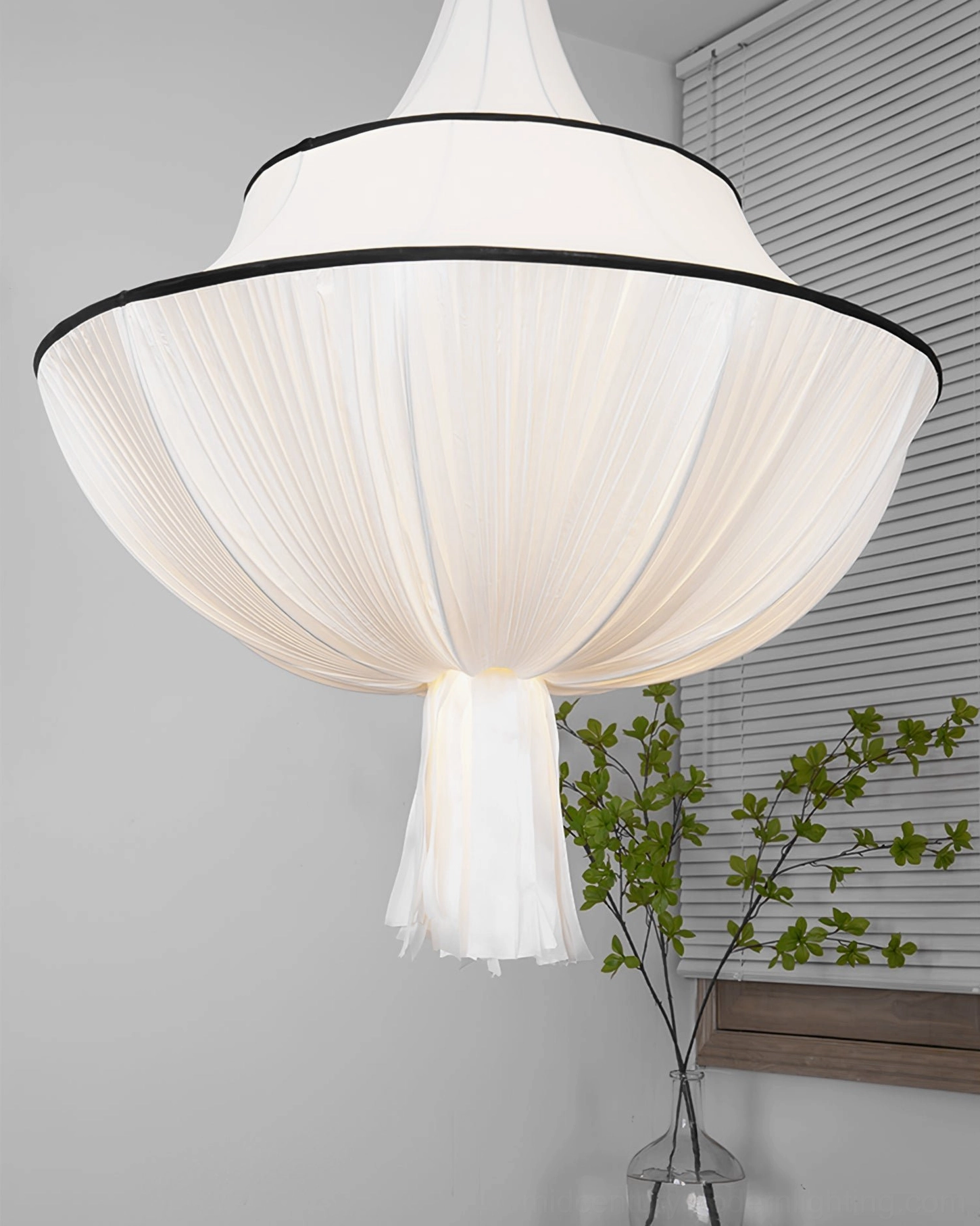 Marianna pleated pendant ceiling light fixture detail view showing fabric construction and metal frame engineering