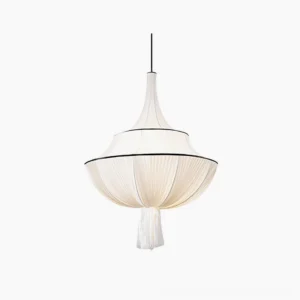 Marianna pleated fabric pendant light with off-white shade and black trim detail, studio product photography on white background