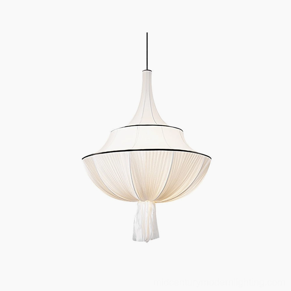 Marianna pleated fabric pendant light with off-white shade and black trim detail, studio product photography on white background