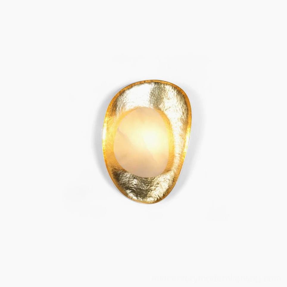 Maricel alabaster wall sconce with hammered brass frame and translucent stone diffuser, front view on white background