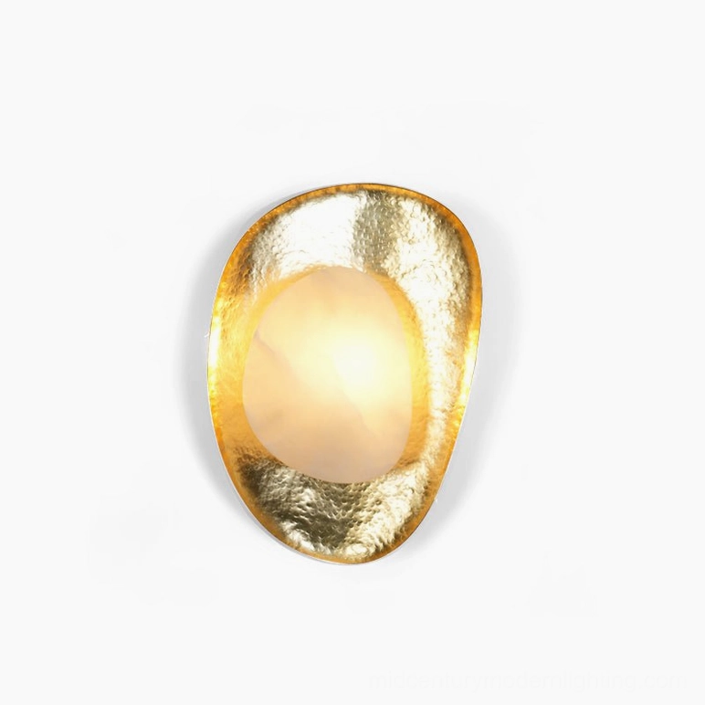 Maricel alabaster wall sconce in warm brass finish, modern sculptural lighting fixture full view