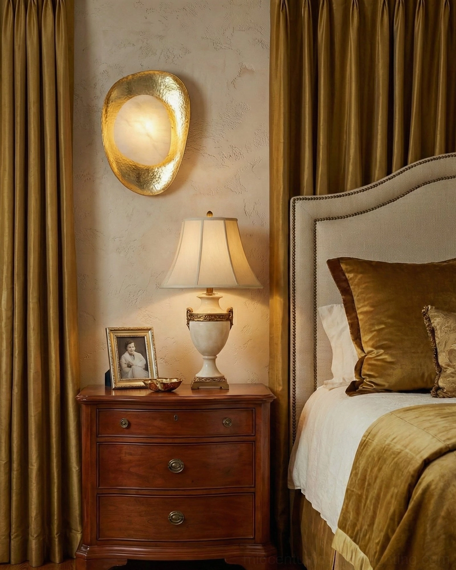 Contemporary wall sconce with brass frame positioned in classic bedroom suite, side angle view