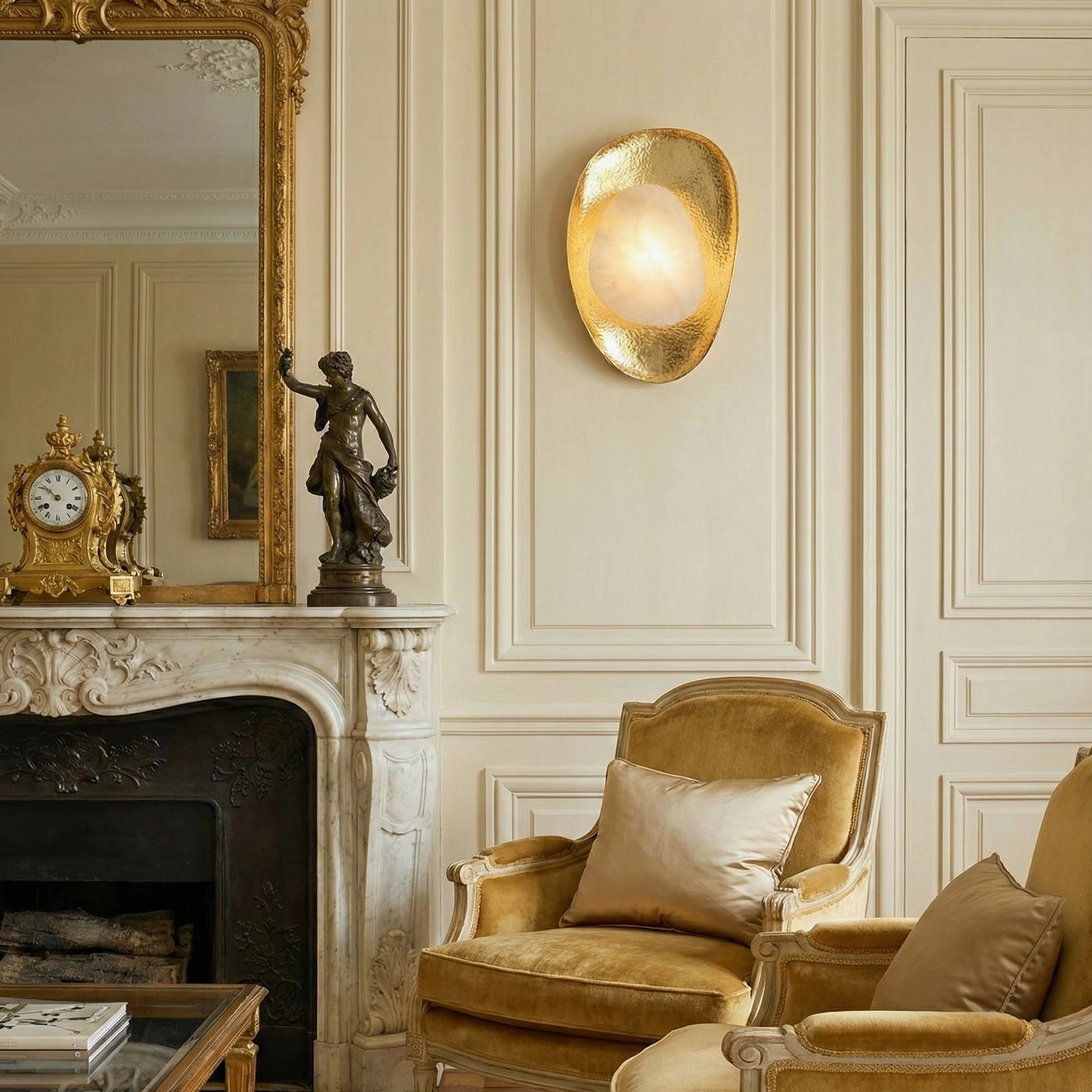 Brass wall sconce in formal living room with fireplace, neoclassical interior design context
