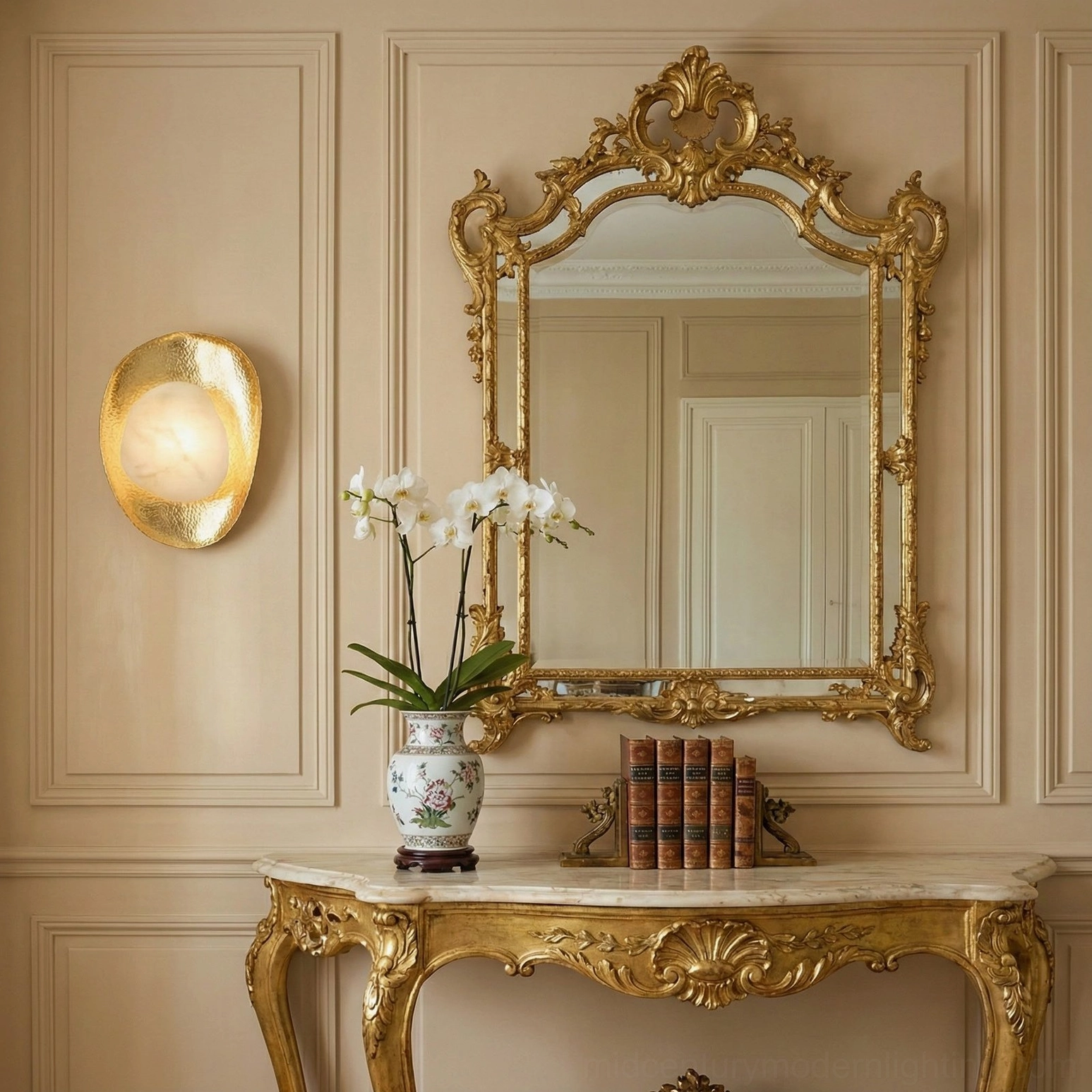 Alabaster sconce with polished brass hardware mounted in baroque luxury entry hall