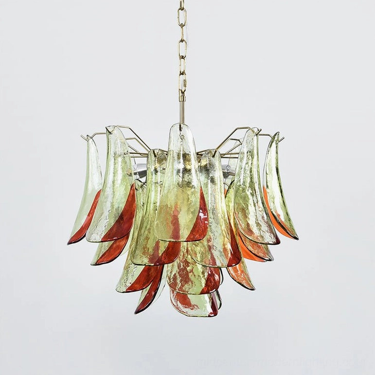 Marielle chandelier with brushed nickel frame and layered amber-green Murano glass construction