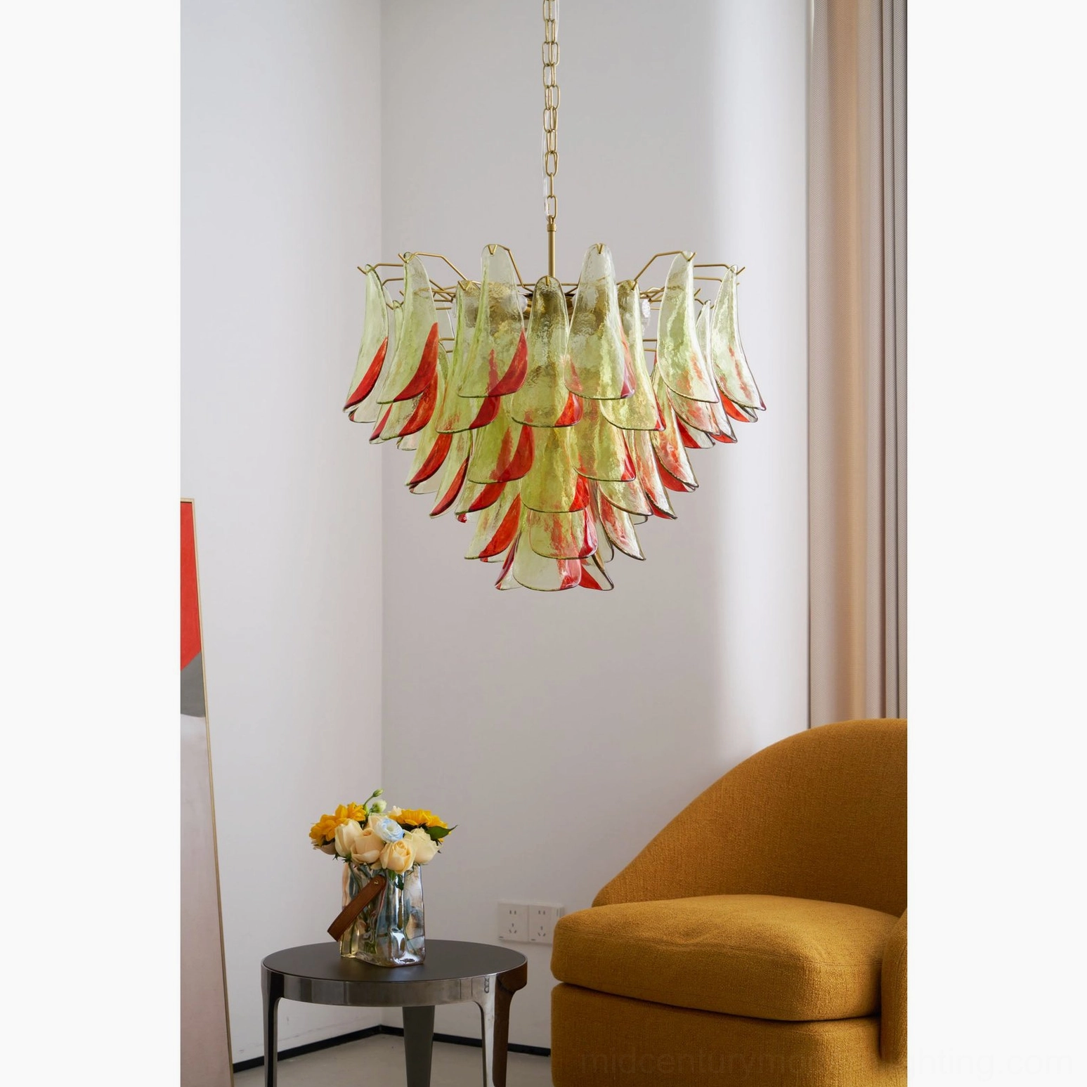 Detailed view of Marielle chandelier metal frame and glass petal assembly showing artisan craftsmanship