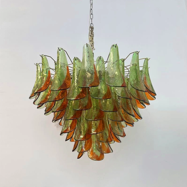 Marielle chandelier front-facing view highlighting symmetrical glass petal arrangement and metal framework