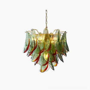 Marielle hand-blown Murano glass chandelier with layered amber and green petals, gold metal frame, front view