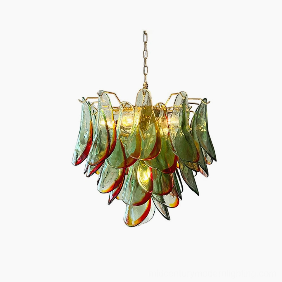 Marielle hand-blown Murano glass chandelier with layered amber and green petals, gold metal frame, front view