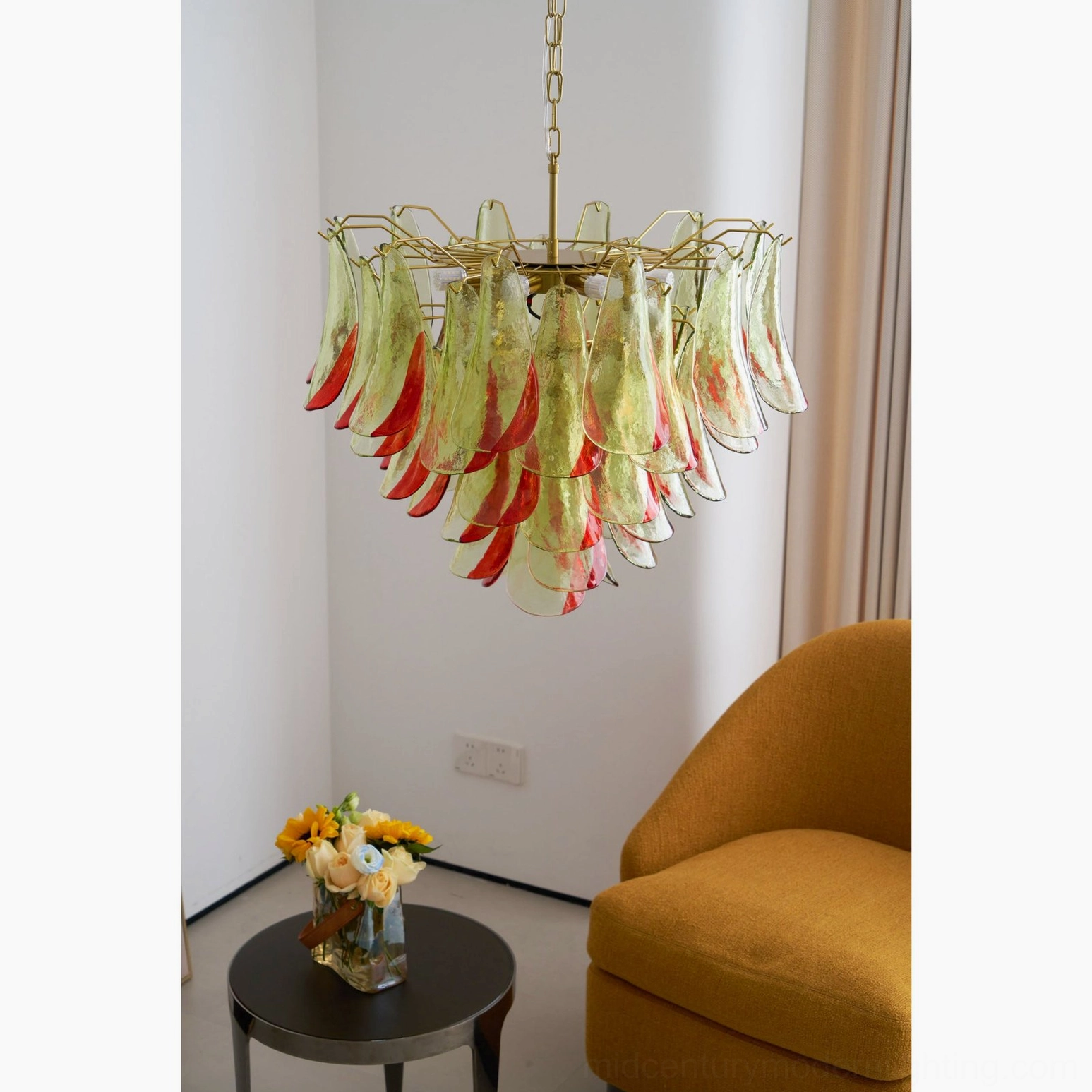 Marielle Murano glass chandelier artistic light diffusion through amber and green glass petals