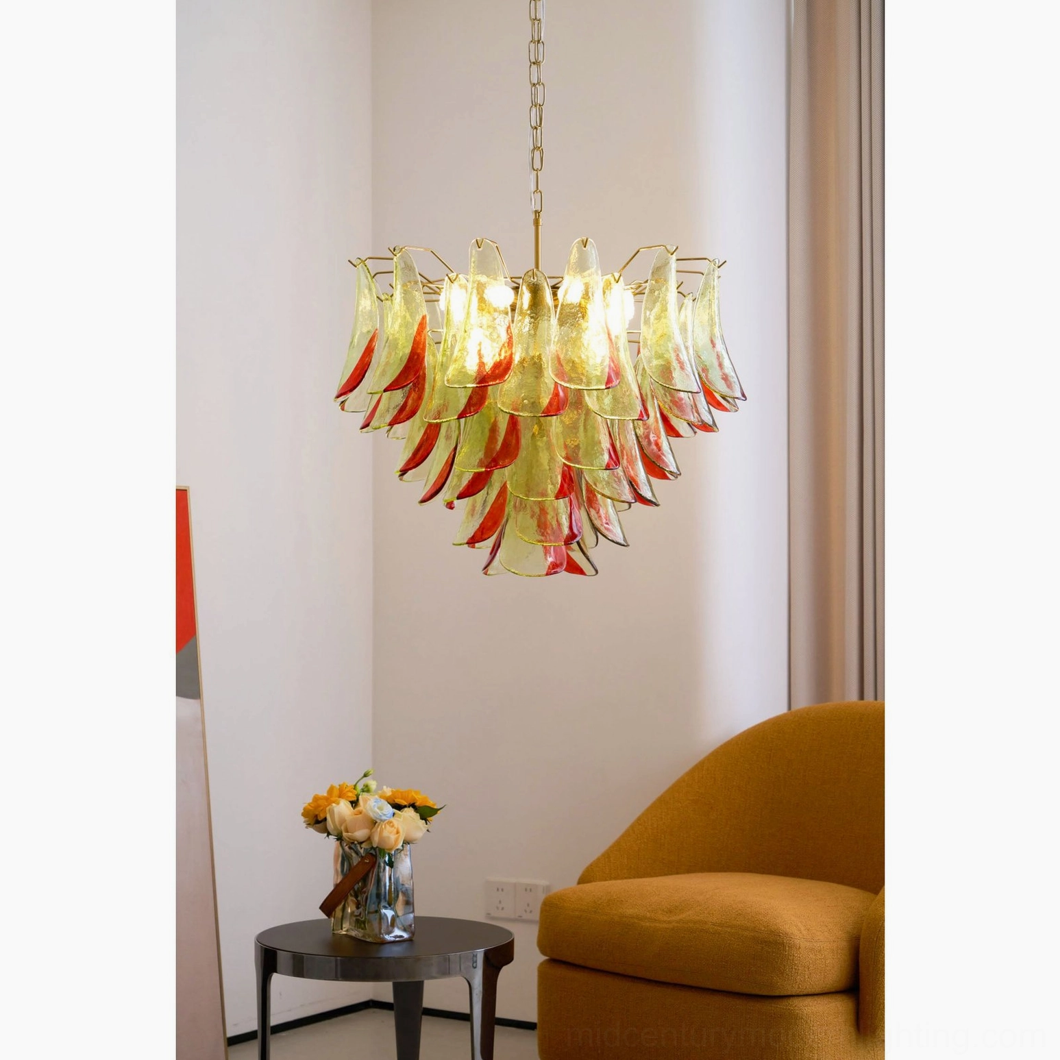 Marielle Murano glass chandelier mid-century modern design with layered amber-green glass petals