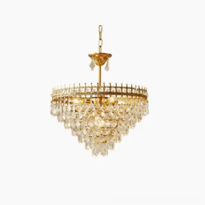 Marilyn Crystal Chandelier front overhead view, tiered clear crystal facets with brushed gold metal frame on white studio background