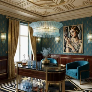 Marin Blue Glass Chandelier illuminated in luxury vintage dining room with teal glass shade and dark wood furniture