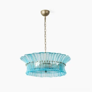 Marin Aquamarine Glass Chandelier - Mid-Century Modern pendant light with blue fluted glass and gold metal hardware, studio front view