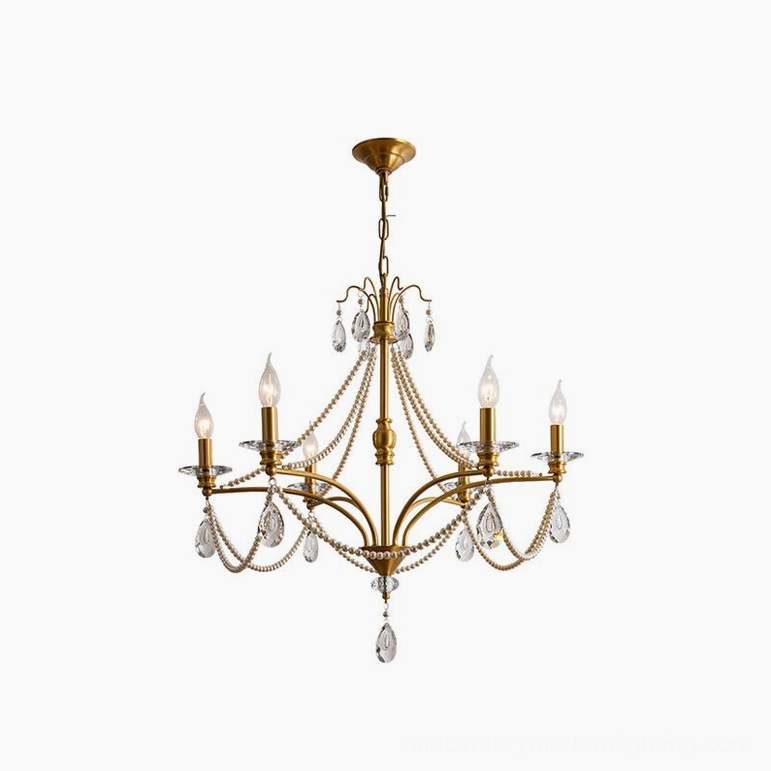 Mariposa 6-head crystal chandelier product shot showing complete brass and crystal construction
