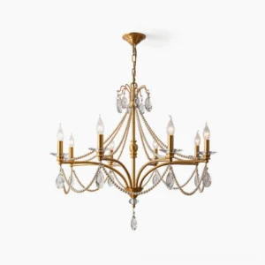 Mariposa crystal chandelier with tiered brass frame and cascading crystal pendants, front view on white background