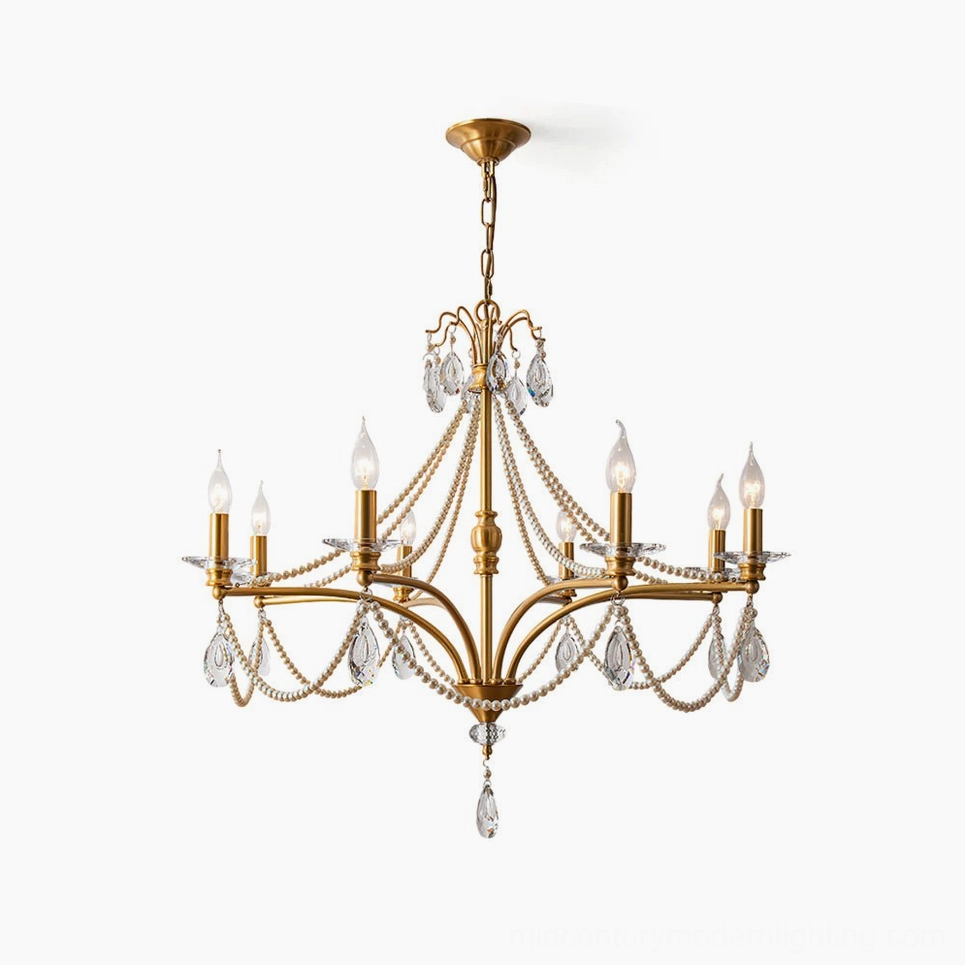 Mariposa crystal chandelier with tiered brass frame and cascading crystal pendants, front view on white background