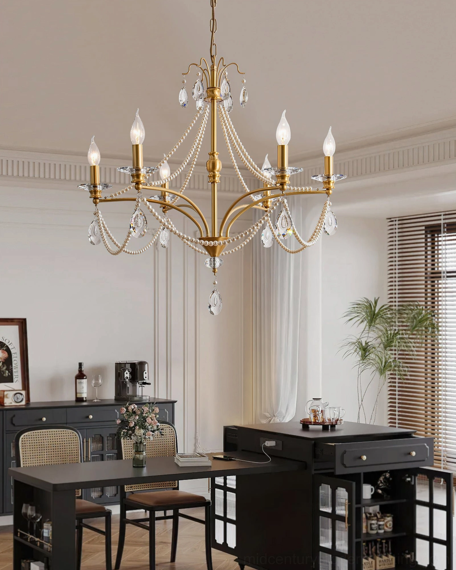 Mariposa crystal chandelier in minimalist home office workspace with neutral décor and natural light
