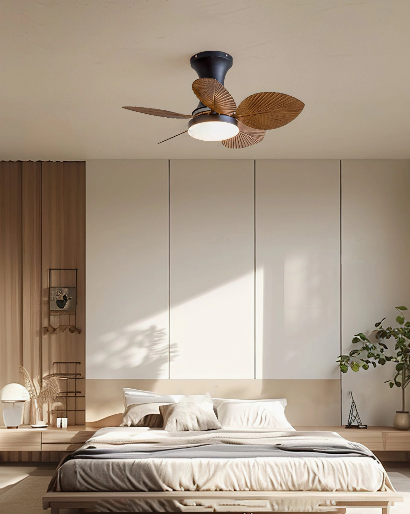 Maris palm ceiling fan light in warm minimalist master bedroom with soft tropical ambiance