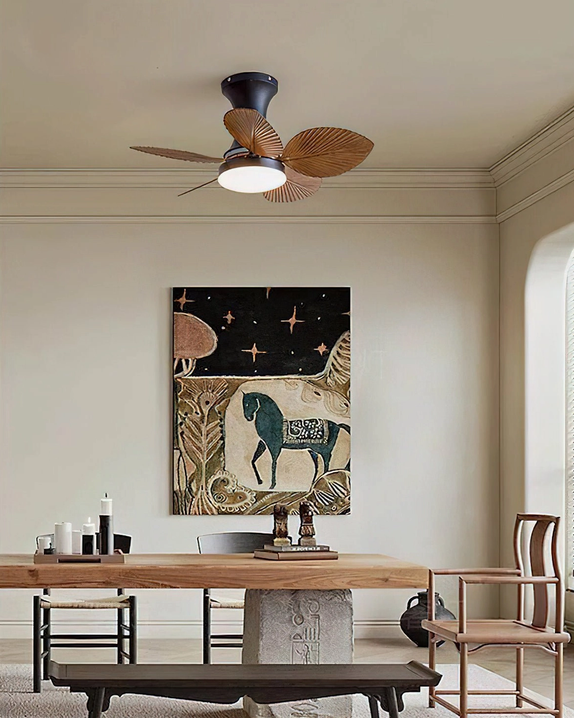 Maris tropical ceiling fan light in rustic farmhouse dining room with vintage wall artwork