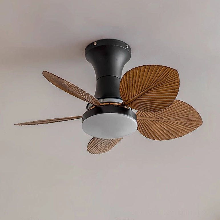 Maris tropical ceiling fan light low angle overhead view showing four sculptured palm blades with wood grain