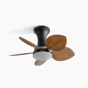 Maris tropical palm ceiling fan light with sculptured blades and matte black finish overhead studio view