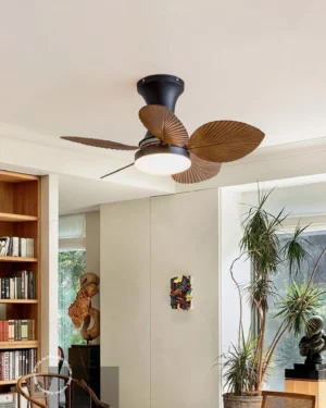Maris palm ceiling fan light installed in modern minimalist home office with bookshelf and plants