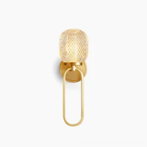 Marni Crystal Wall Sconce with brushed brass oval ring bracket and textured cylindrical glass shade - modern wall light fixture