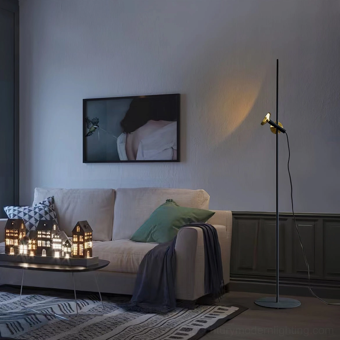 Marquina adjustable floor lamp in modern bedroom with accent wall, warm minimalist luxury bedroom decor