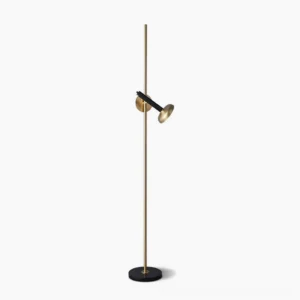 Marquina black marble floor lamp with brass spotlight head and black metal pole, front view on white background