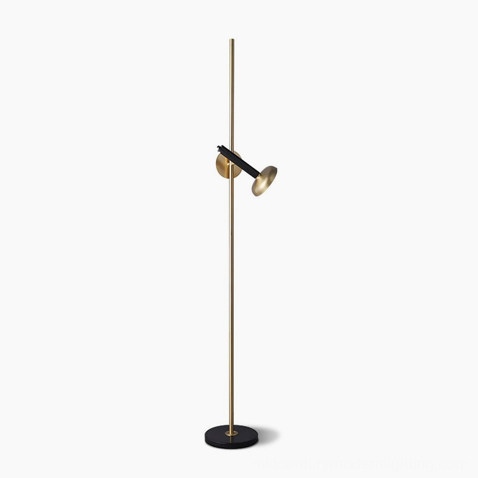 Marquina black marble floor lamp with brass spotlight head and black metal pole, front view on white background