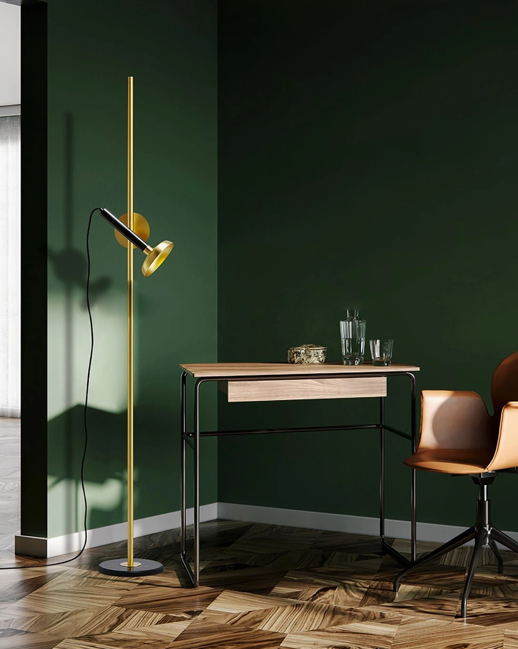 Marquina black marble floor lamp in contemporary interior setting, minimalist home lighting design